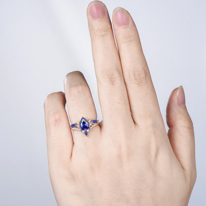 Pear Cut Natural Tanzanite Engagement Ring Diamond Curved Band Yellow Gold Bridal Set