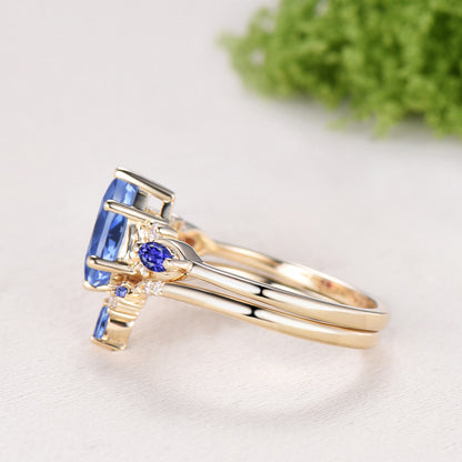 Pear Cut Natural Tanzanite Engagement Ring Diamond Curved Band Yellow Gold Bridal Set