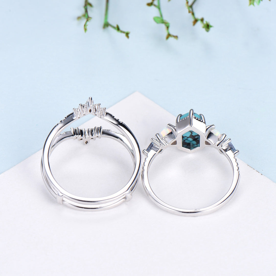 Vintage 5X9mm long hexagon turquoise engagement ring set unique triangle fire opal kite alexandrite wedding ring set double curved v band - PENFINE