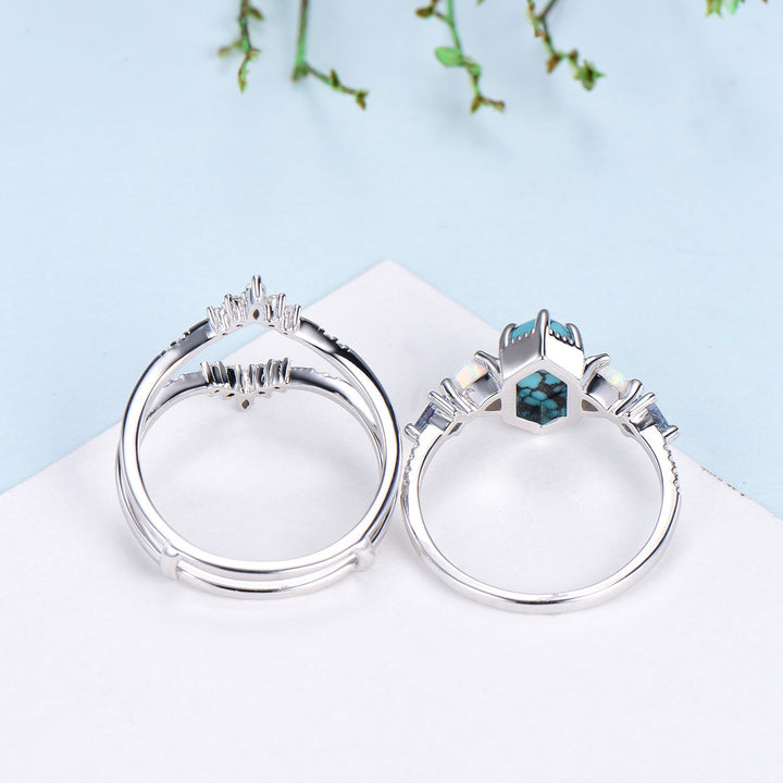 Vintage 5X9mm long hexagon turquoise engagement ring set unique triangle fire opal kite alexandrite wedding ring set double curved v band - PENFINE