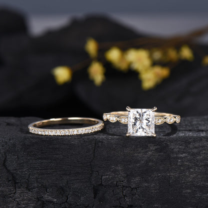 2CT Princess Cut Lab Diamond Engagement Ring Set: 14k Yellow Gold Art Deco Milgrain Marquise Bridal Wedding Set