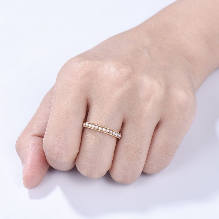 Freshwater Pearl Wedding Ring - 14k Gold Milgrain Anniversary Band - PENFINE