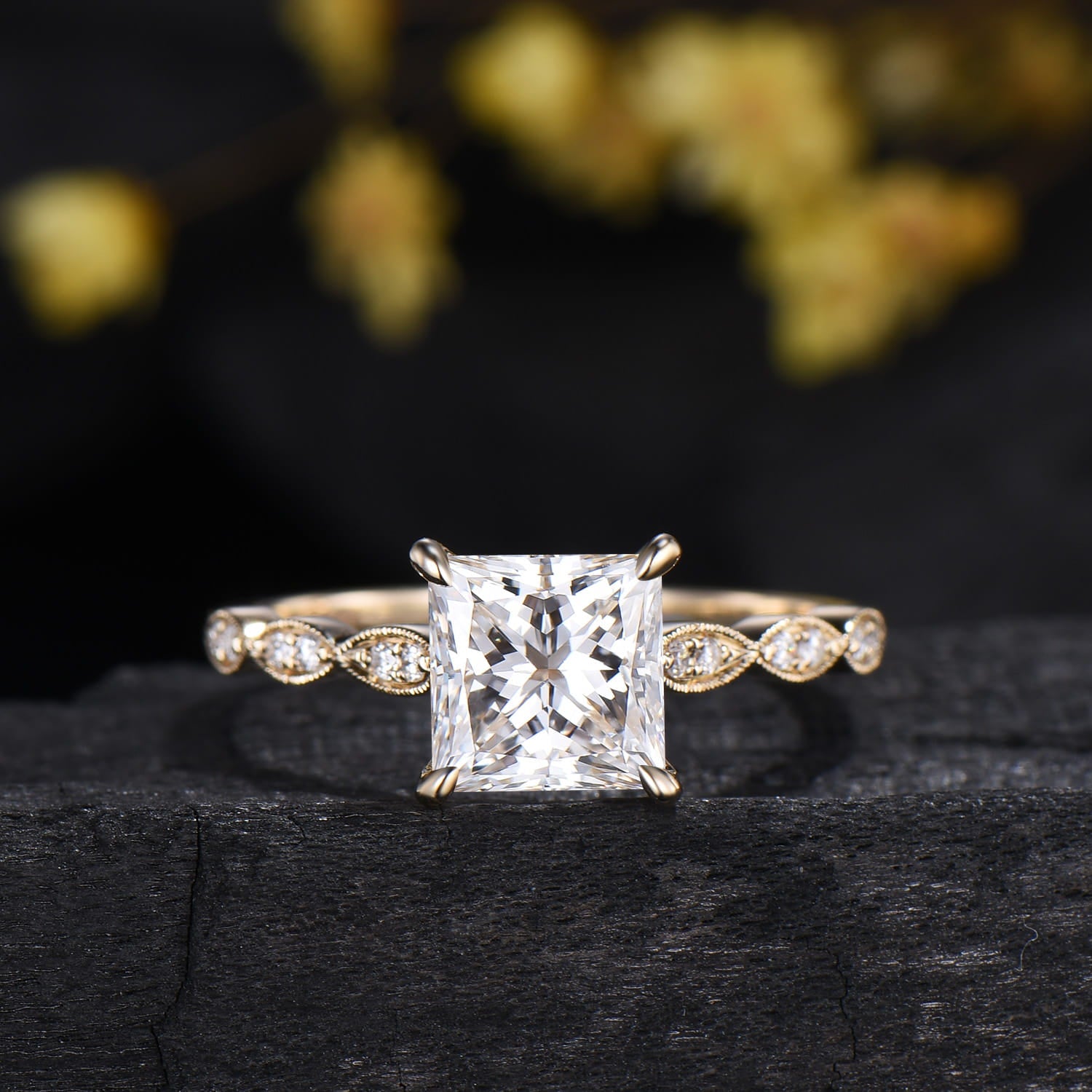 2CT Princess Cut Lab Diamond Engagement Ring Set: 14k Yellow Gold Art Deco Milgrain Marquise Bridal Wedding Set
