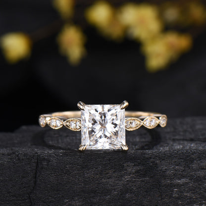 2CT Princess Cut Lab Diamond Engagement Ring Set: 14k Yellow Gold Art Deco Milgrain Marquise Bridal Wedding Set