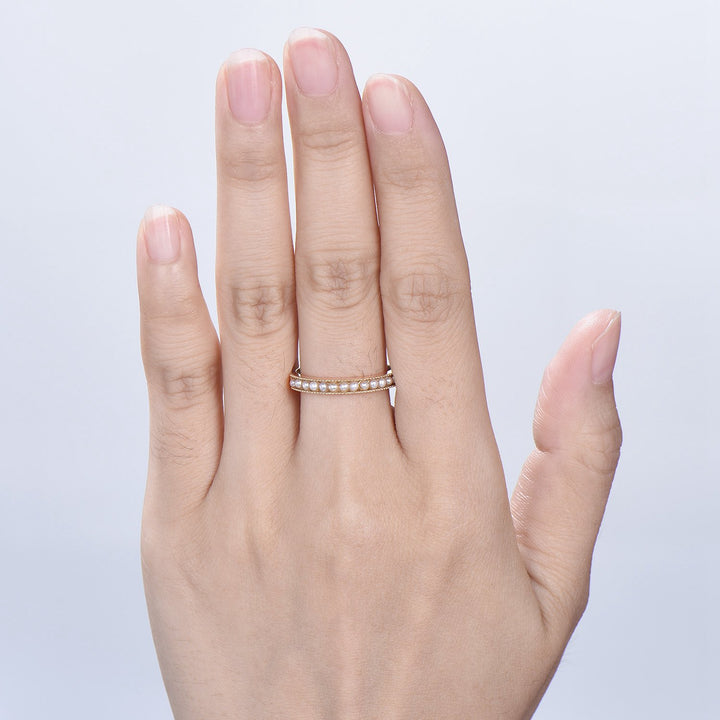 Freshwater Pearl Wedding Ring - 14k Gold Milgrain Anniversary Band - PENFINE