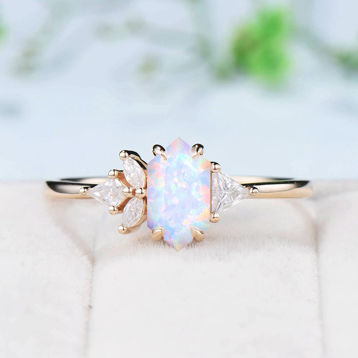 Unique File opal engagement ring long hexagon asymmetrical rose gold white opal wedding ring five moissanite handmade proposal gifts women - PENFINE