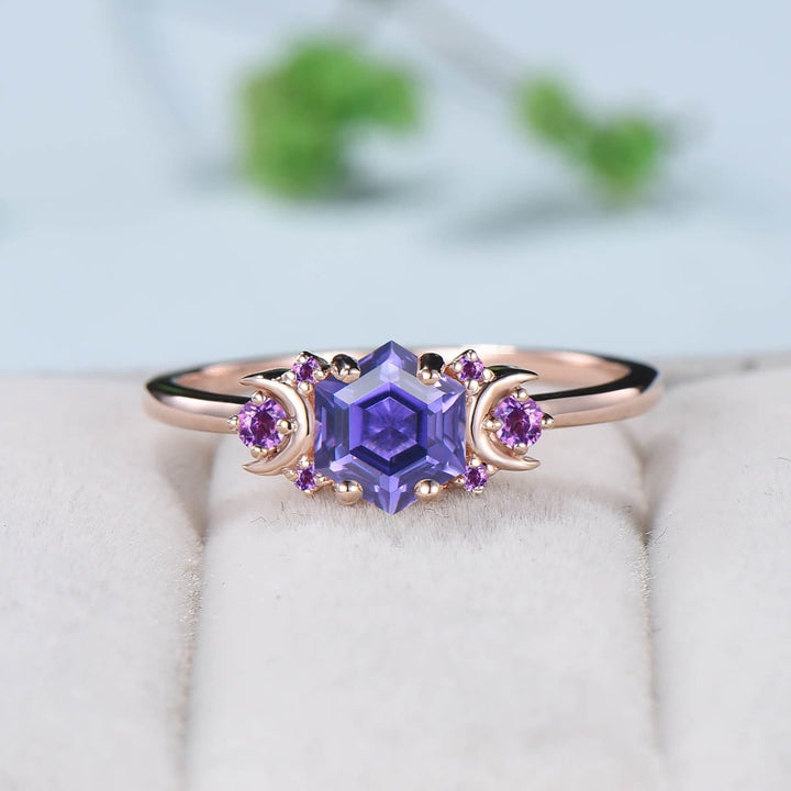 Vintage Purple Sapphire Engagement Ring Unique Hexagon Amethyst Moon Wedding Ring Women February Birthstone Gift Purple Crystal Promise Ring - PENFINE