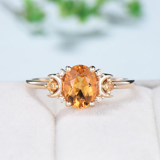 Vintage Moon Citrine Engagement Ring Unique Nature Inspired November Birthstone Anniversary Ring Magic Crescent Moon Healing Gem Jewelry - PENFINE