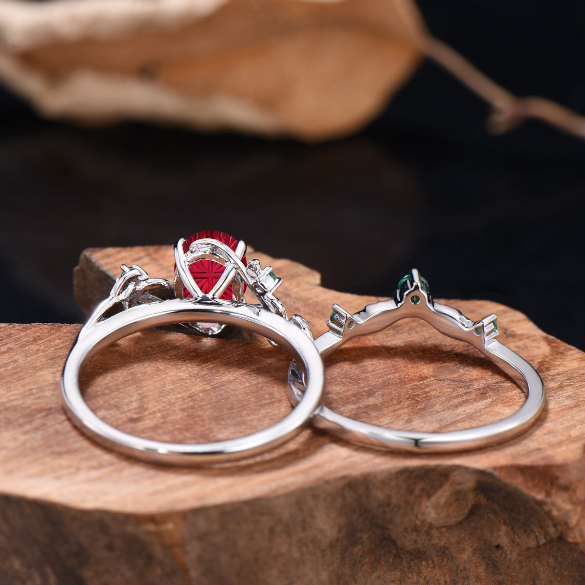 Oval Shaped Fantasy Cut Ruby leaf Engagement Ring Emerald Nature Inspired Ring Bridal Set