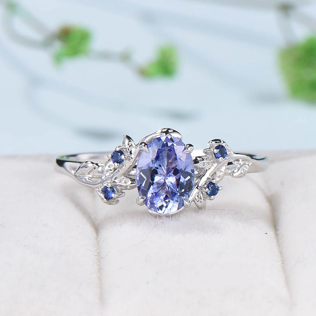 Elegant Blue Tanzanite Ring Vintage Unique Twig Engagement Ring Leaf Cluster Wedding Ring Women Nature inspired Branch Ring Proposal Gift - PENFINE