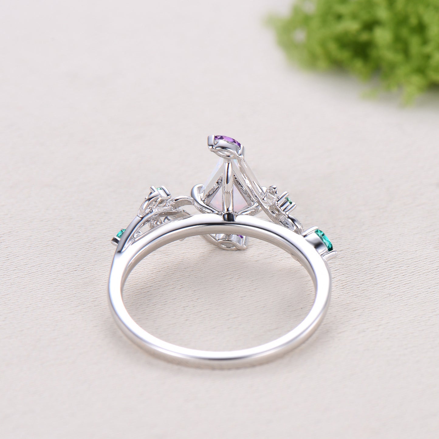 1CT Kite Cut White/Black/Blue Fire Opal Engagement Ring, Marquise Amethyst Emerald Leaf Vine Band