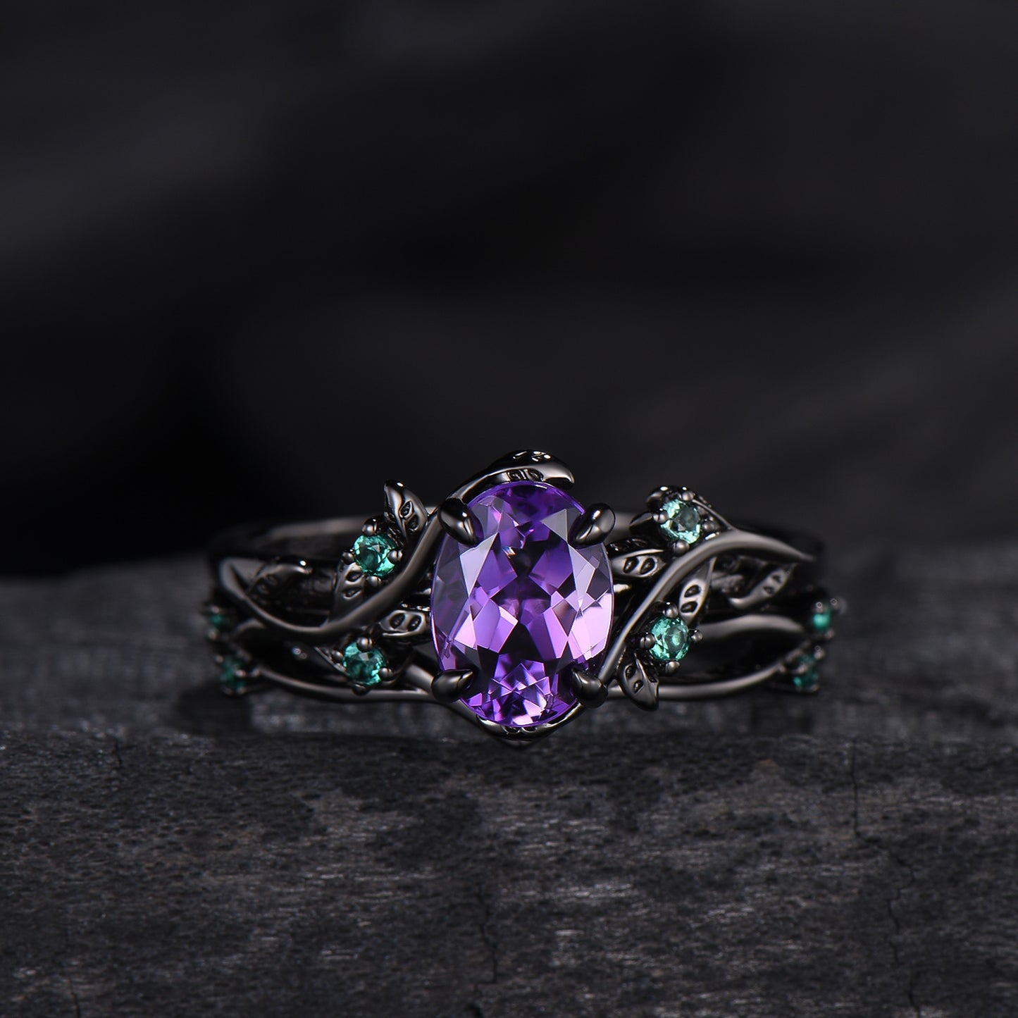 Unique black gold amethyst ring set Nature Inspired purple amethyst engagement ring vintage cluster emerald Leaf wedding ring set for women