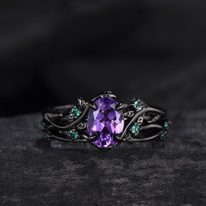 Unique black gold amethyst ring set Nature Inspired purple amethyst engagement ring vintage cluster emerald Leaf wedding ring set for women