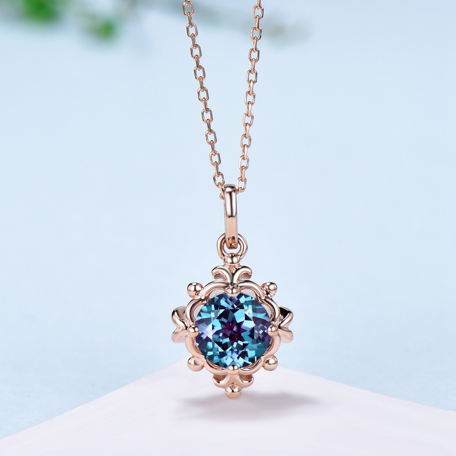 Unique Alexandrite Pendant Necklace Magic Crescent Moon Round Alexandrite Necklace Floral Retro Vintage Pendant Anniversary gift for women - PENFINE