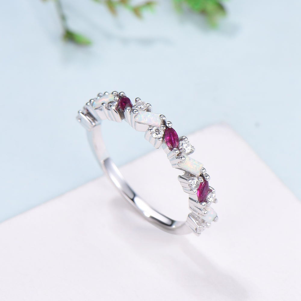 Vintage Fire Opal Ruby Eternity Wedding Band Women Unique Baguette White Opal Stackable Ring Marquise Ruby Matching Band Anniversary Gift - PENFINE