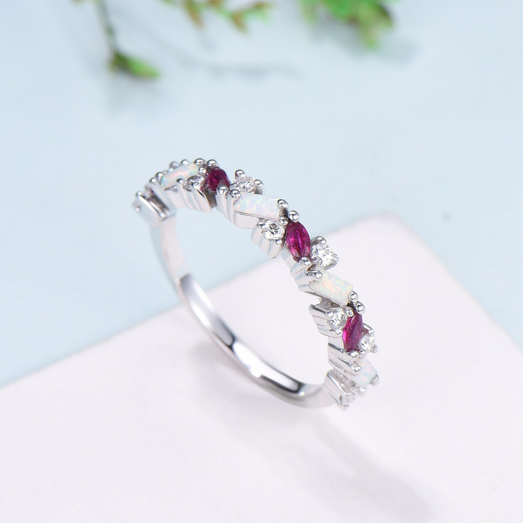 Vintage Fire Opal Ruby Eternity Wedding Band Women Unique Baguette White Opal Stackable Ring Marquise Ruby Matching Band Anniversary Gift - PENFINE