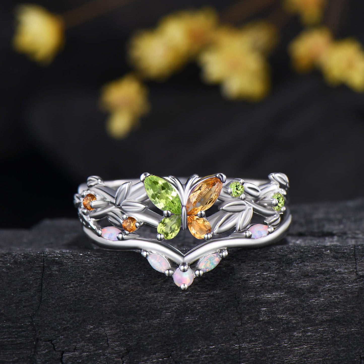 Natural Peridot And Citrine Butterfly Engagement Ring Opal Matching Band Inspired Ring Set
