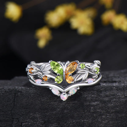 Natural Peridot And Citrine Butterfly Engagement Ring Opal Matching Band Inspired Ring Set