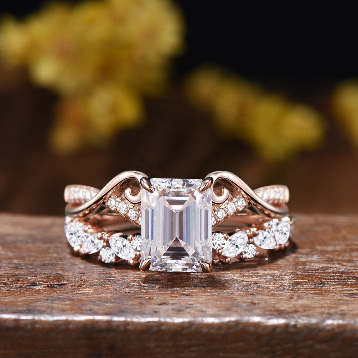 Emerald Cut Moissanite Wedding Ring Set, 14k Rose Gold Art Nouveau Bridal Band