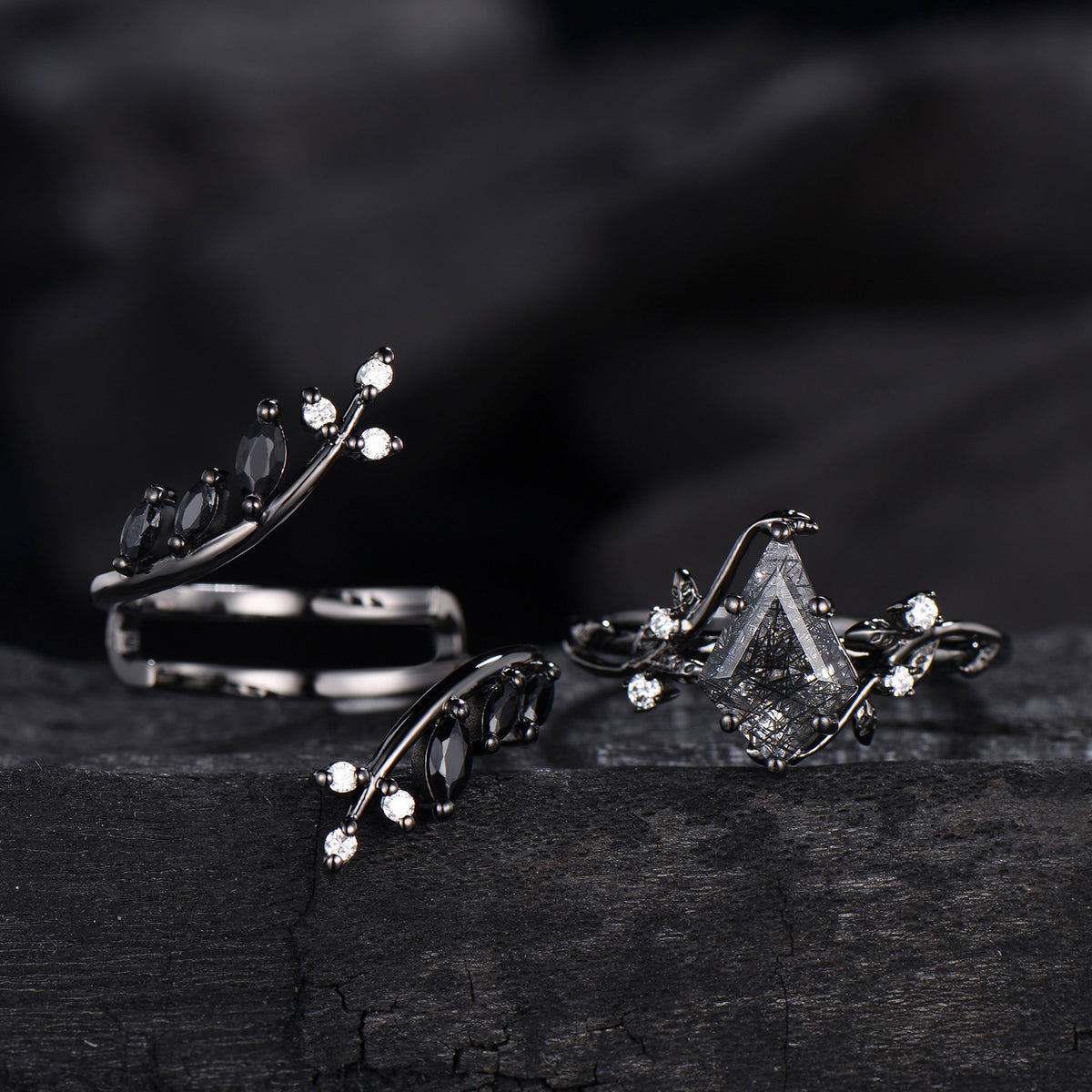 Unique gothic kite cut black rutilated quartz engagement ring set black gold cluster engagement ring leaf branch nature inspired wedding set