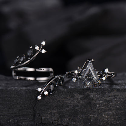 Unique gothic kite cut black rutilated quartz engagement ring set black gold cluster engagement ring leaf branch nature inspired wedding set