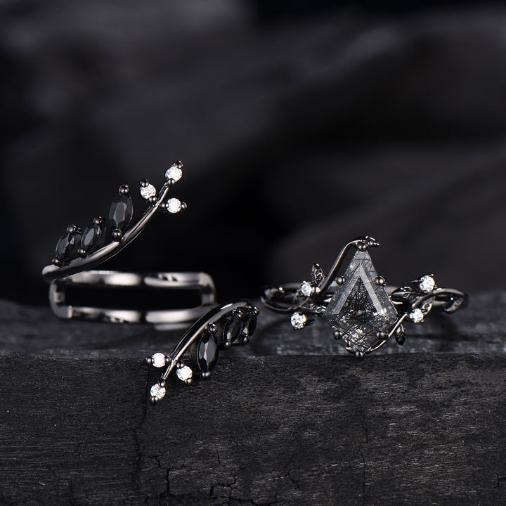 Unique gothic kite cut black rutilated quartz engagement ring set black gold cluster engagement ring leaf branch nature inspired wedding set