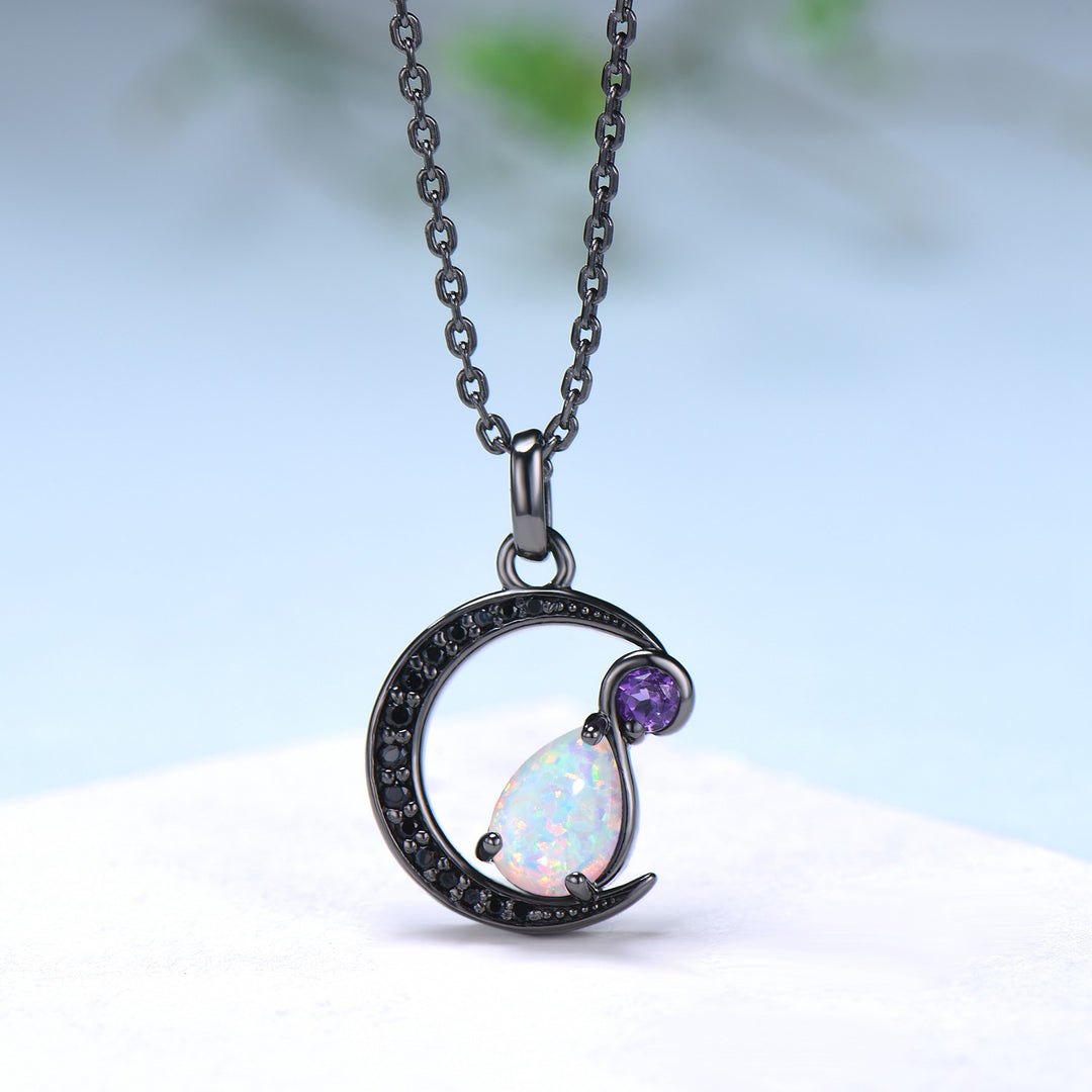 Magic Crescent Moon Black Gold Opal Amethyst Gothic Pendant Necklace Unique Pear Shaped Fire White Opal Black Spinel Necklace Halloween Girl - PENFINE