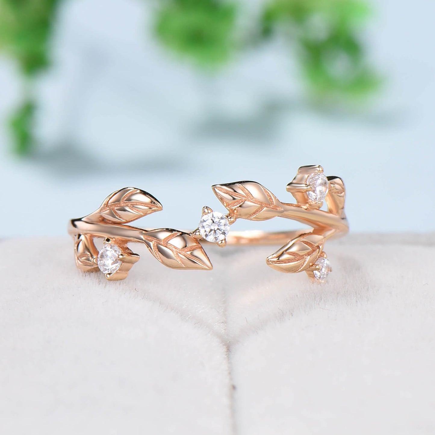 Nature inspired wedding band vintage moissanite diamond wedding band gold twisted leaf matching band for women stacking anniversary gift - PENFINE
