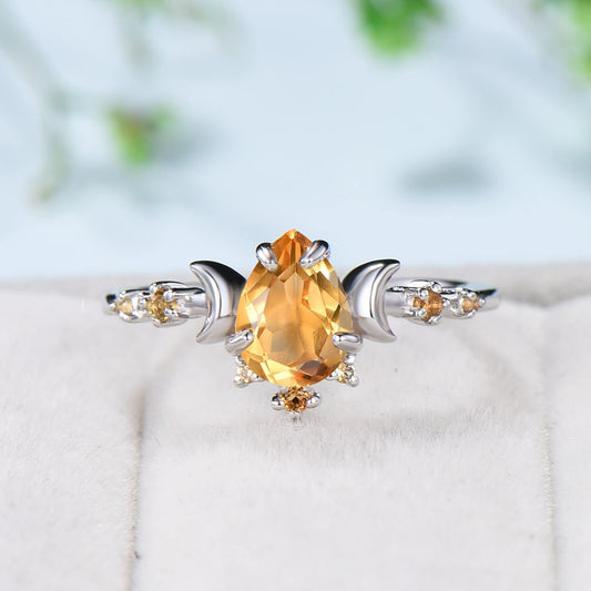 Vintage Pear Shaped Citrine Engagement Ring Unique Crescent moon orange citrine gold wedding ring women celestial anniversary gift for her - PENFINE