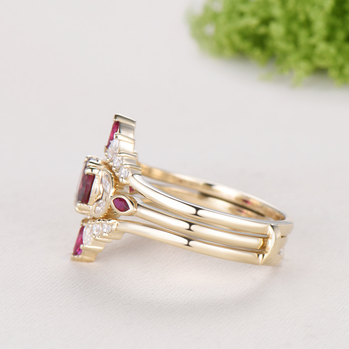 1CT Round Lab Ruby Engagement Ring Bezel Set Marquise Cut Enhancer Band Bridal Set