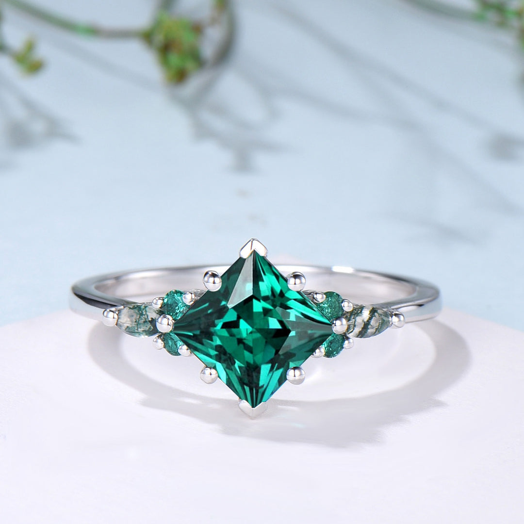 Unique Princess Cut Emerald Engagement Ring Set Silver White Gold Marquise Moss Agate Green Crystal Bridal Wedding Ring Retro Promise Ring - PENFINE