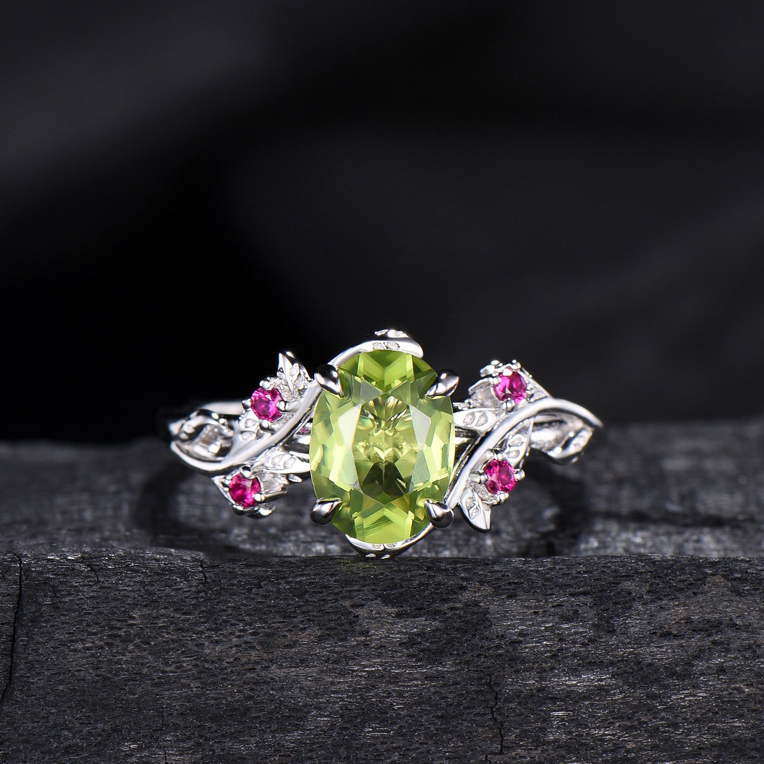 Leaf vine  peridot rubywedding ring set Natural inspired August Birthstone Jewelry