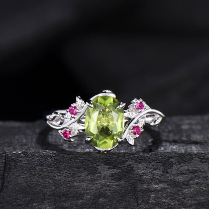 Leaf vine  peridot rubywedding ring set Natural inspired August Birthstone Jewelry