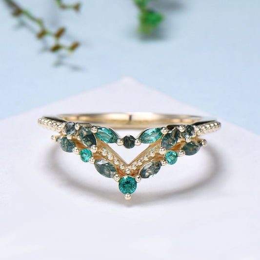 Unique moss agate Wedding Band Marquise cut emerald band rose gold wedding ring Art Deco Green Crystal Stacking matching band for women - PENFINE