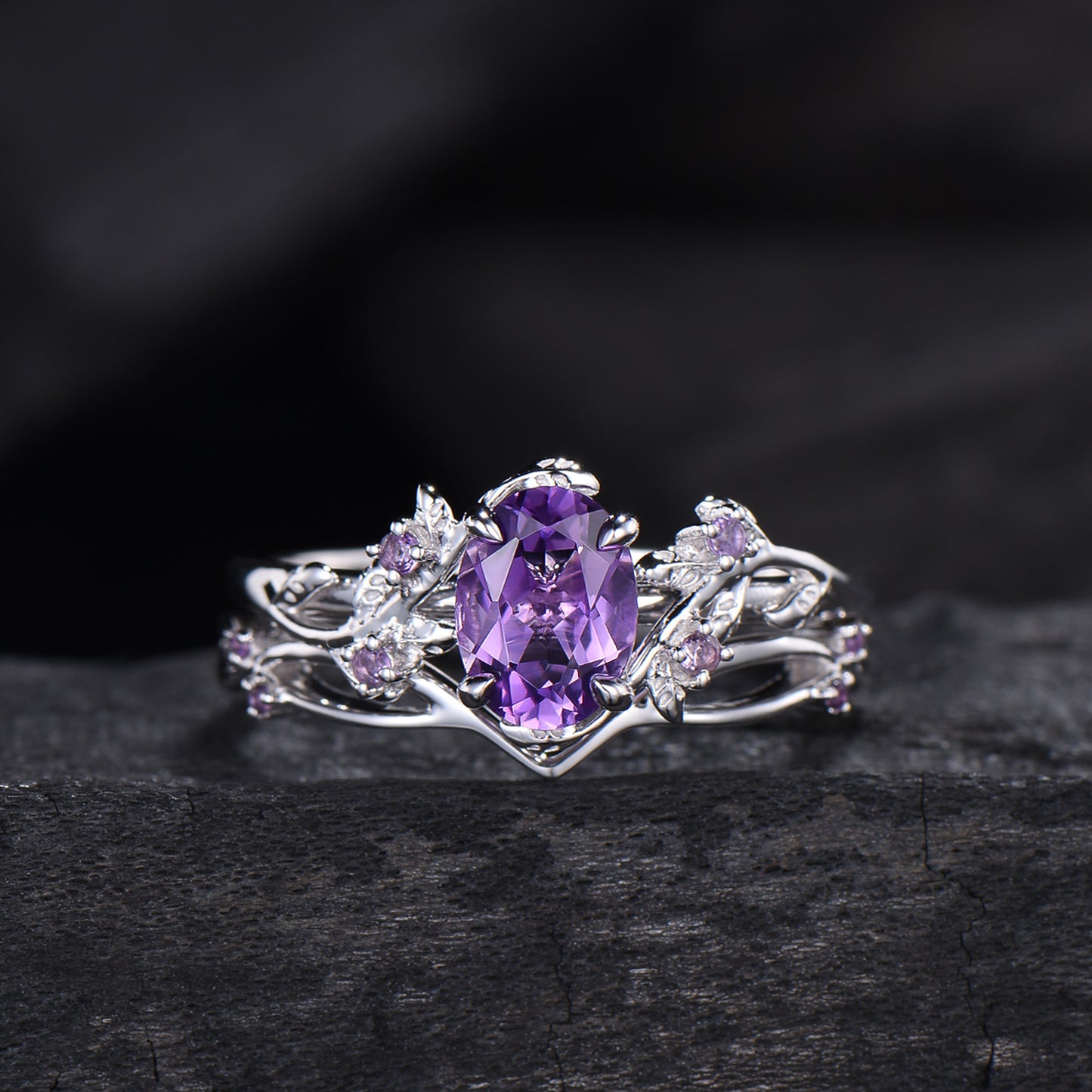 Nature Inspired amethyst ring set cluster rose gold purple amethyst engagement ring vintage unique Leaf crystal wedding ring set for women