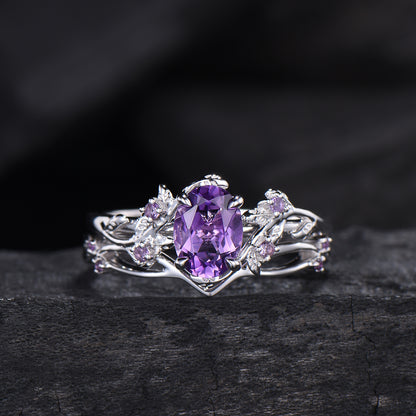 Nature Inspired amethyst ring set cluster rose gold purple amethyst engagement ring vintage unique Leaf crystal wedding ring set for women