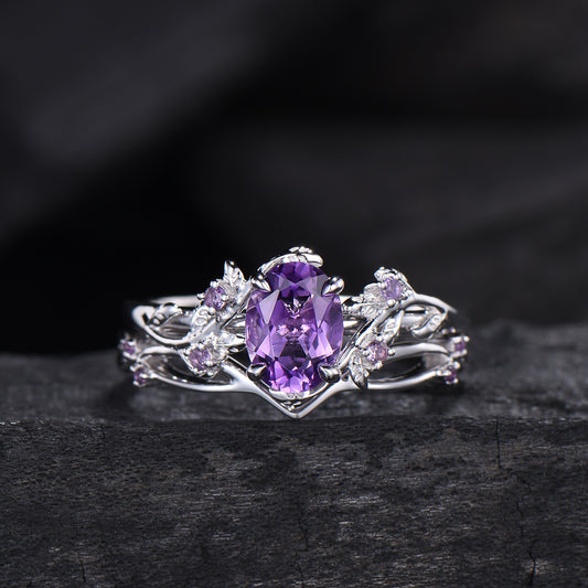 Nature Inspired amethyst ring set cluster rose gold purple amethyst engagement ring vintage unique Leaf crystal wedding ring set for women
