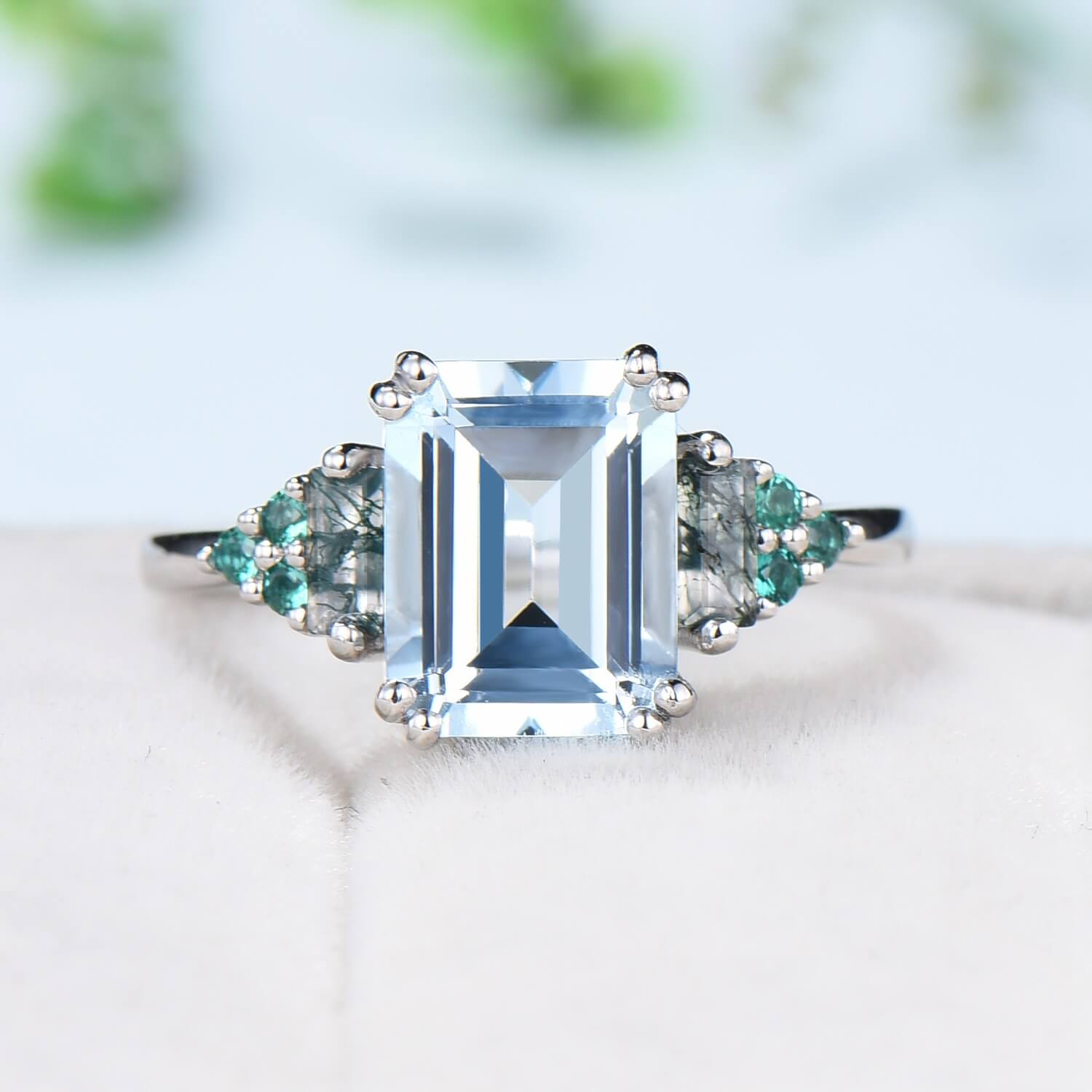Vintage Emerald Cut Aquamarine Ring 8 Prongs Cluster Baguette Moss Agate Engagement Ring Unique March Birthstone Wedding Ring for Women - PENFINE