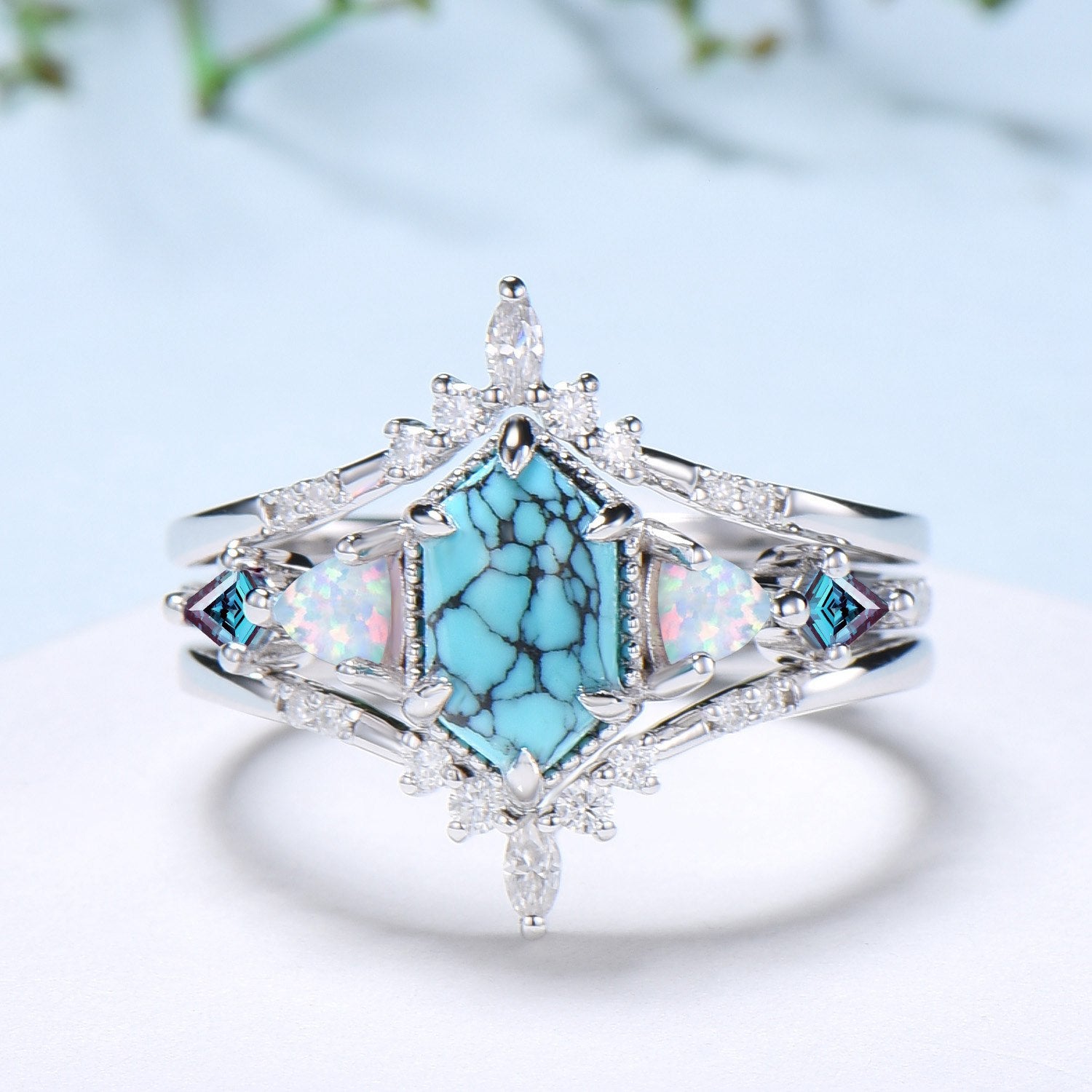 Vintage 5X9mm long hexagon turquoise engagement ring set unique triangle fire opal kite alexandrite wedding ring set double curved v band - PENFINE