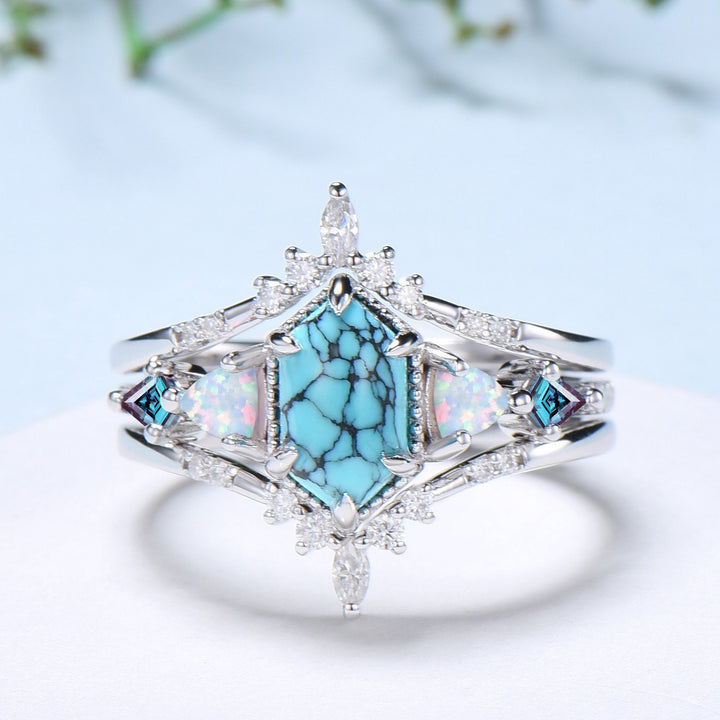 Vintage 5X9mm long hexagon turquoise engagement ring set unique triangle fire opal kite alexandrite wedding ring set double curved v band - PENFINE