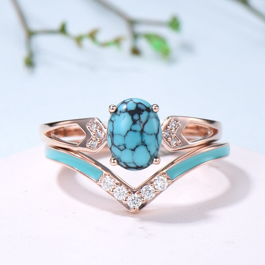 Unique Oval Turquoise engagement ring set 14k white gold vintage split shank engagement ring for women Blue Enamel Wedding Ring Antique Gift - PENFINE