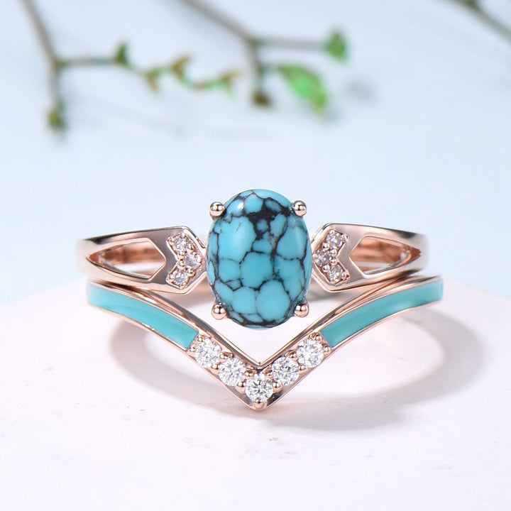 Unique Oval Turquoise engagement ring set 14k white gold vintage split shank engagement ring for women Blue Enamel Wedding Ring Antique Gift - PENFINE