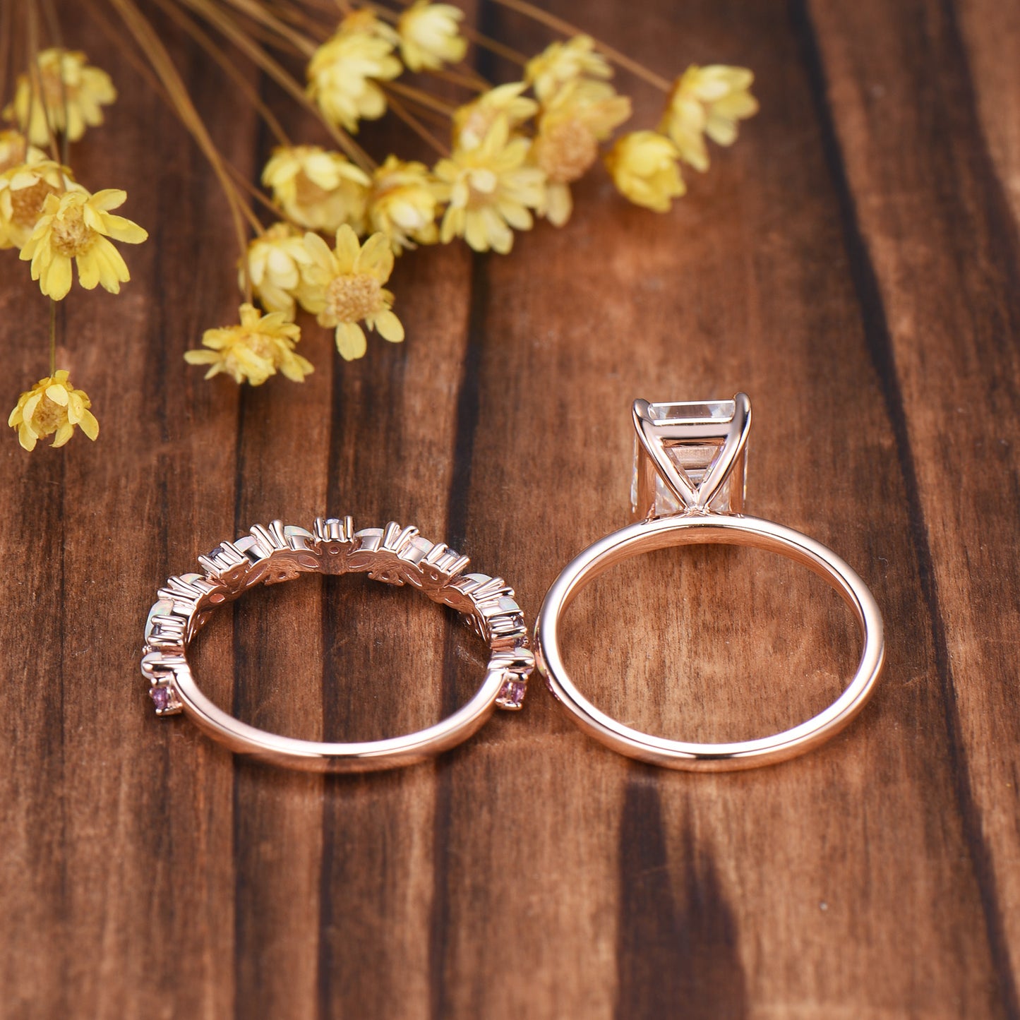 Emerald Cut Moissanite Engagement Ring | 14K Rose Gold Bridal Set, Opal Wedding Band