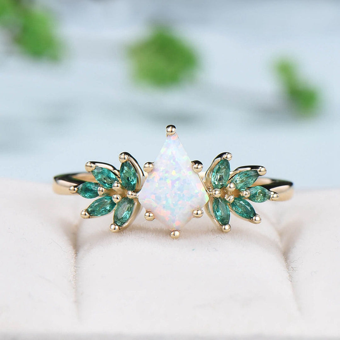 Vintage fire opal engagement ring kite cut Unique cluster emerald wedding ring for women Gold art deco birthday anniversary promise ring - PENFINE