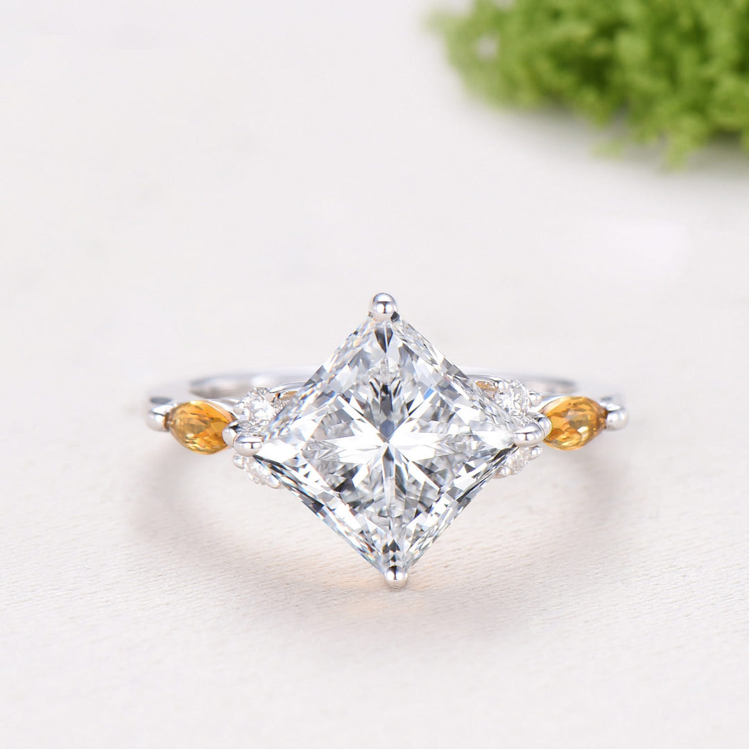 2CT Princess Cut Lab Grown Diamond Engagement Ring Set, Cluster Citrine Bridal Set