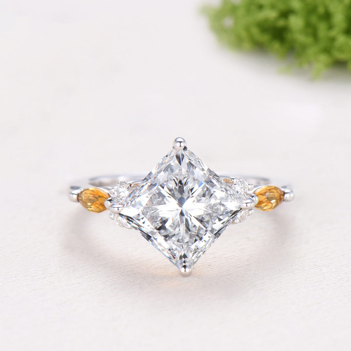 2CT Princess Cut Lab Grown Diamond Engagement Ring Set, Cluster Citrine Bridal Set