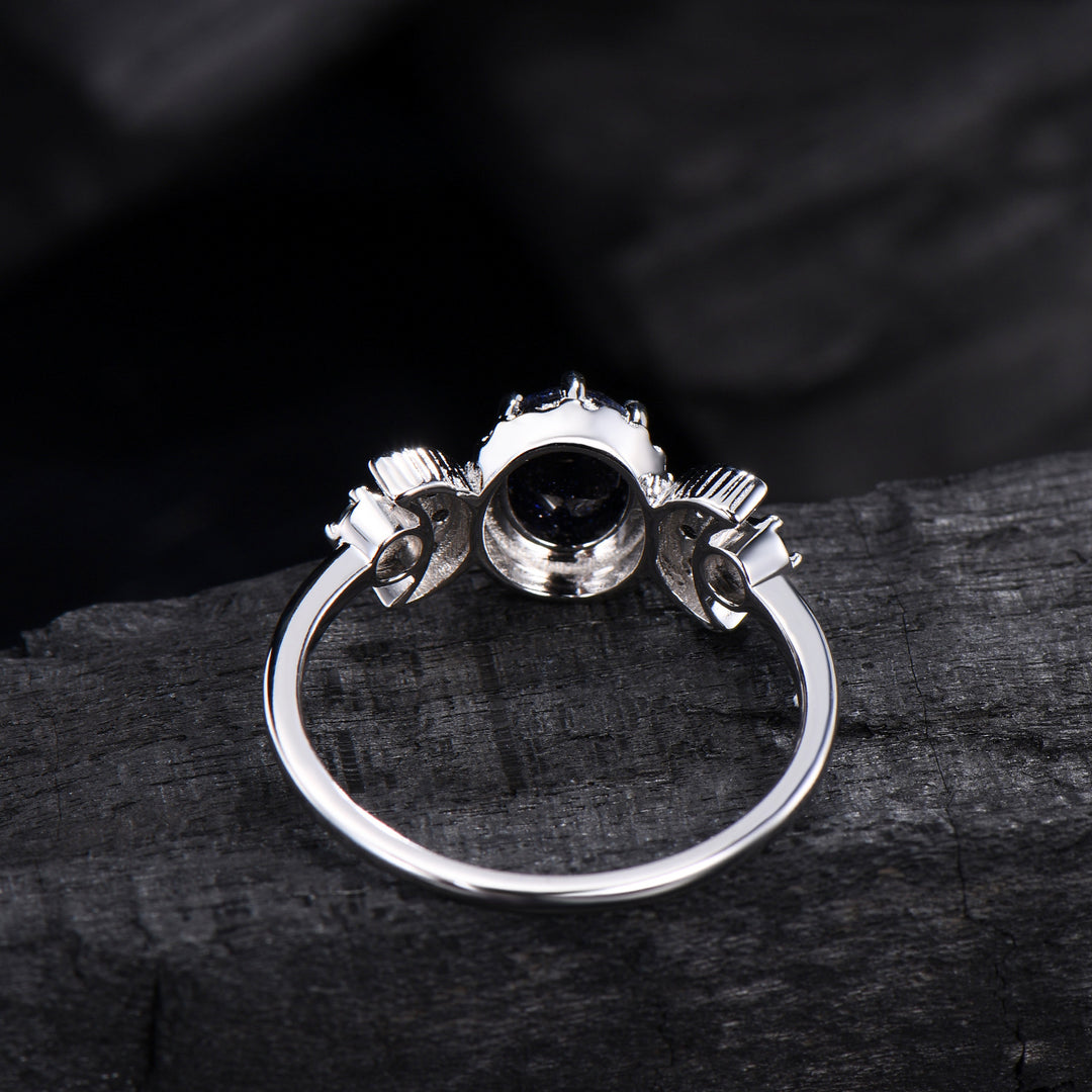 Oval Blue Sandstone Engagement Ring, Celestial Crescent Moon Ring, Gothic Promise Ring, Triple Goddess Witchy Jewelry, Anniversary Gift