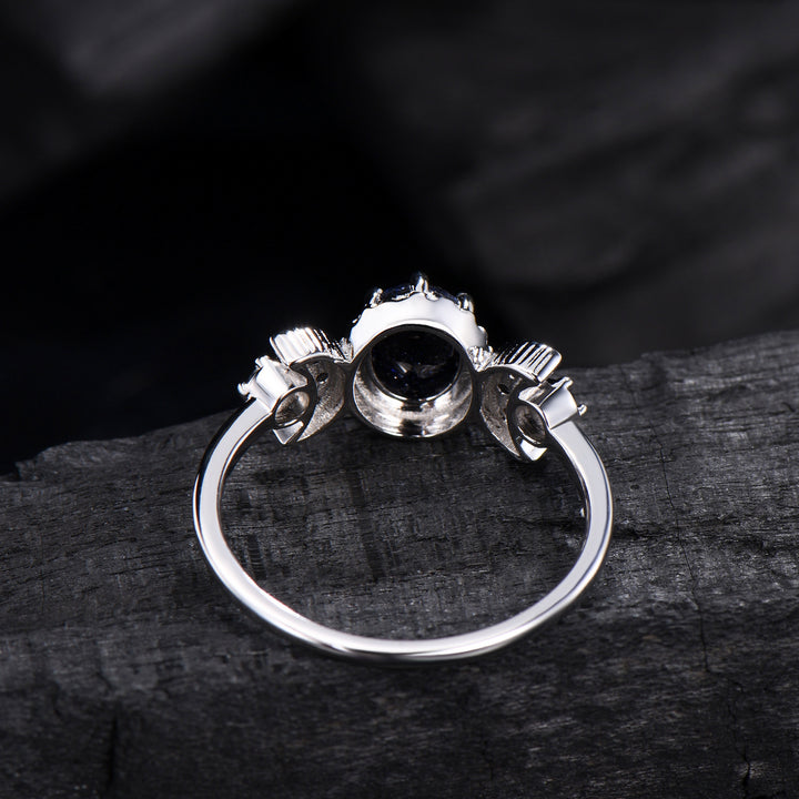 Oval Blue Sandstone Engagement Ring, Celestial Crescent Moon Ring, Gothic Promise Ring, Triple Goddess Witchy Jewelry, Anniversary Gift