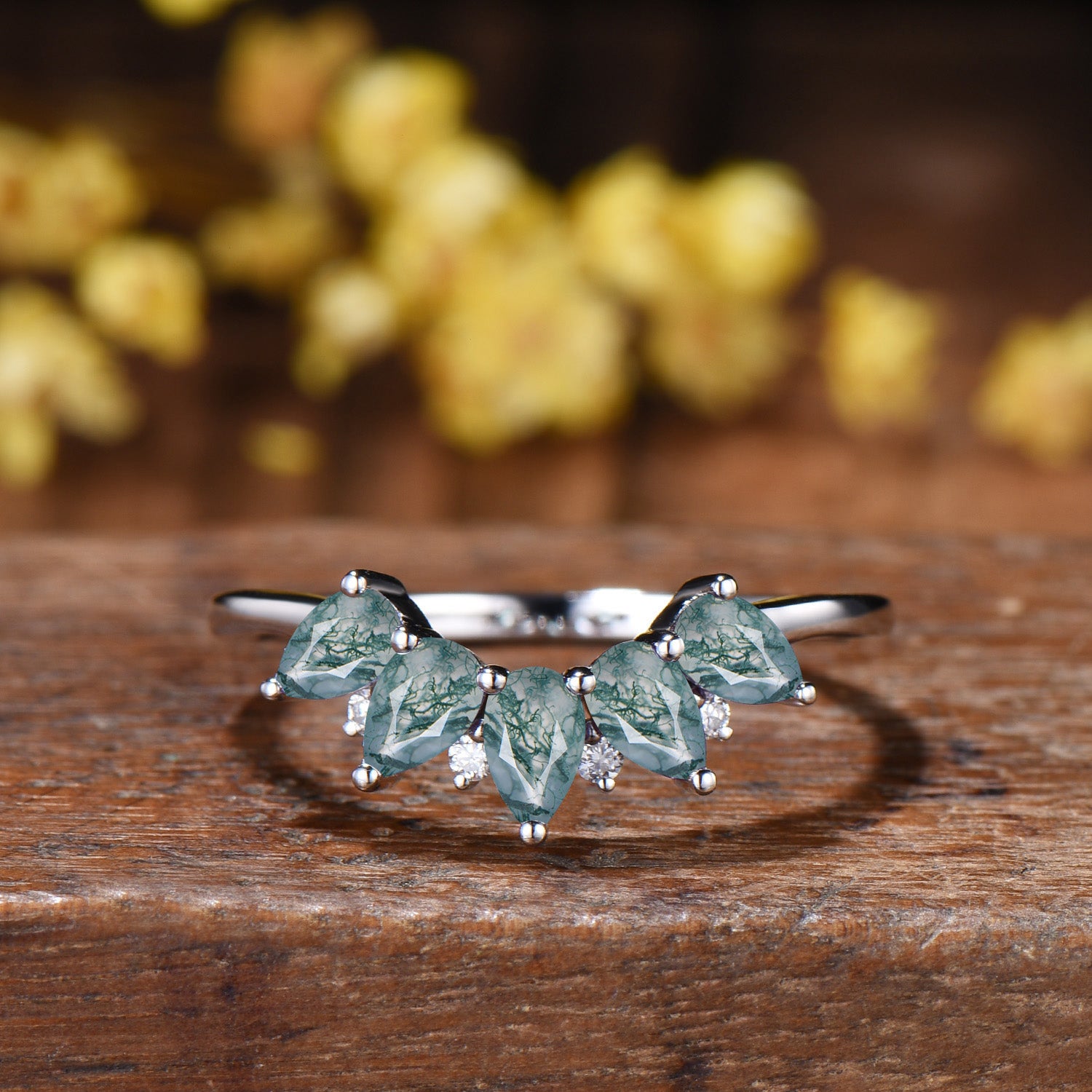 Vintage Moss Agate Wedding Band, Curved Stacking Ring, 14K Rose Gold, Pear Cut Moissanite