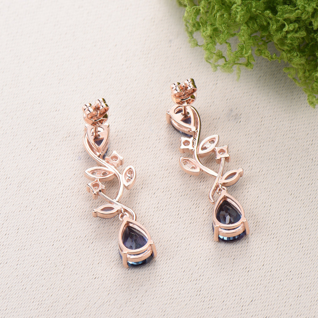 Nature Inspired Pear Shaped Alexandrite Earrings Emerald Elegant Leaf Vine Stud Earrings Unique Handmade Anniversary Promise Gift - PENFINE